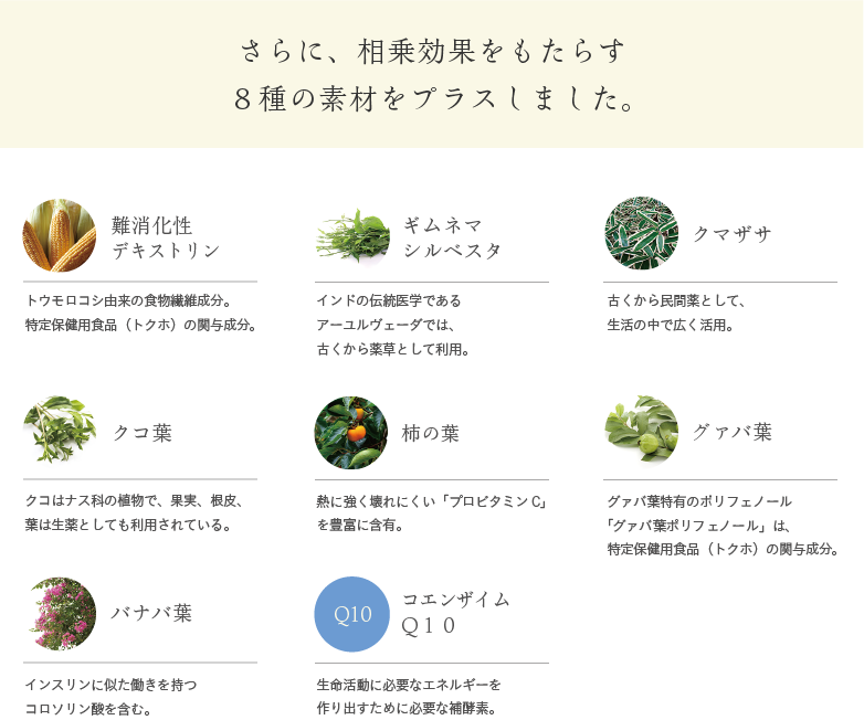 相乗効果をもたらす8種の素材をプラス